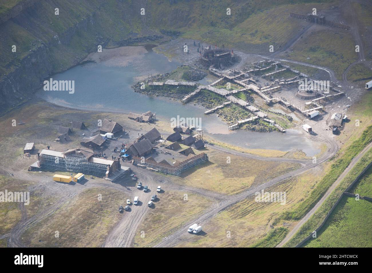 Filmset für die Beowulf-Fernsehserie, County Durham, 2015. Stockfoto