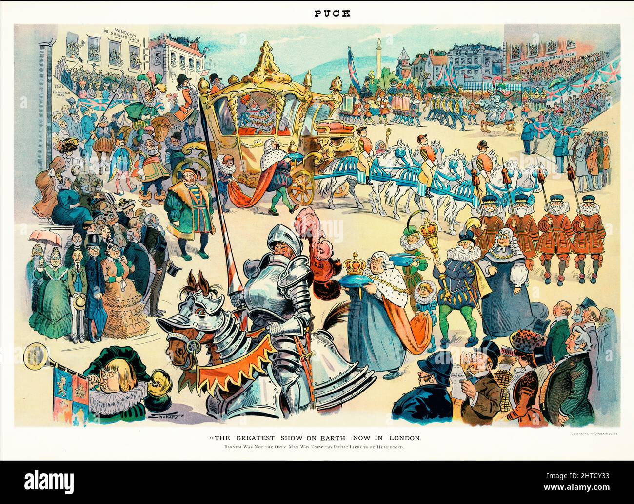 Eine Illustration des amerikanischen Puck Magazine aus dem frühen 20.. Jahrhundert der Prozession zur Krönung von Edward VII., König von Großbritannien; viele der Teilnehmer an der Parade tragen mittelalterliche Kostüme. Die Beschriftung bezieht sich auf Barnum und die „größte Show auf Erden“. Stockfoto