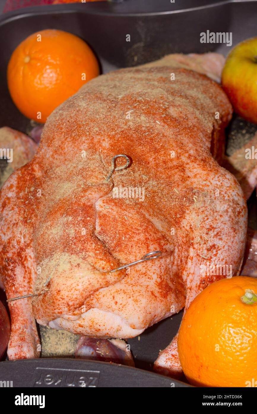 Braten Sie Gans gefüllt mit gebackenen Äpfeln und Orangen in einer Pfanne, festliche Weihnachtsrezept. Draufsicht mit Kopierbereich. Stockfoto