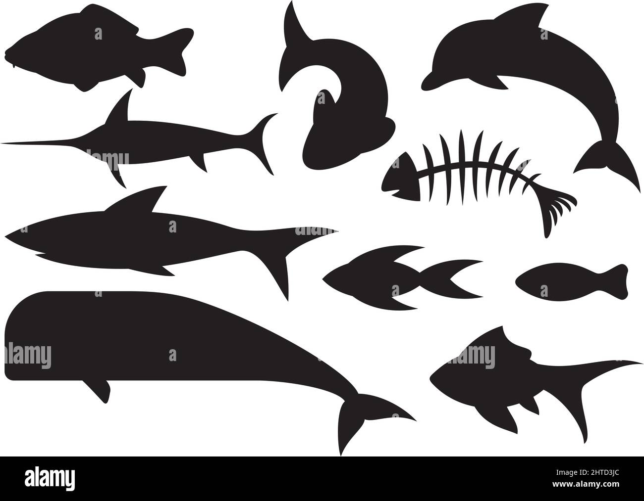 Vektor-Illustration mit Fischsymbolen (Delphin, Karpfen, Hai, Wal, Schwertfisch) Stock Vektor