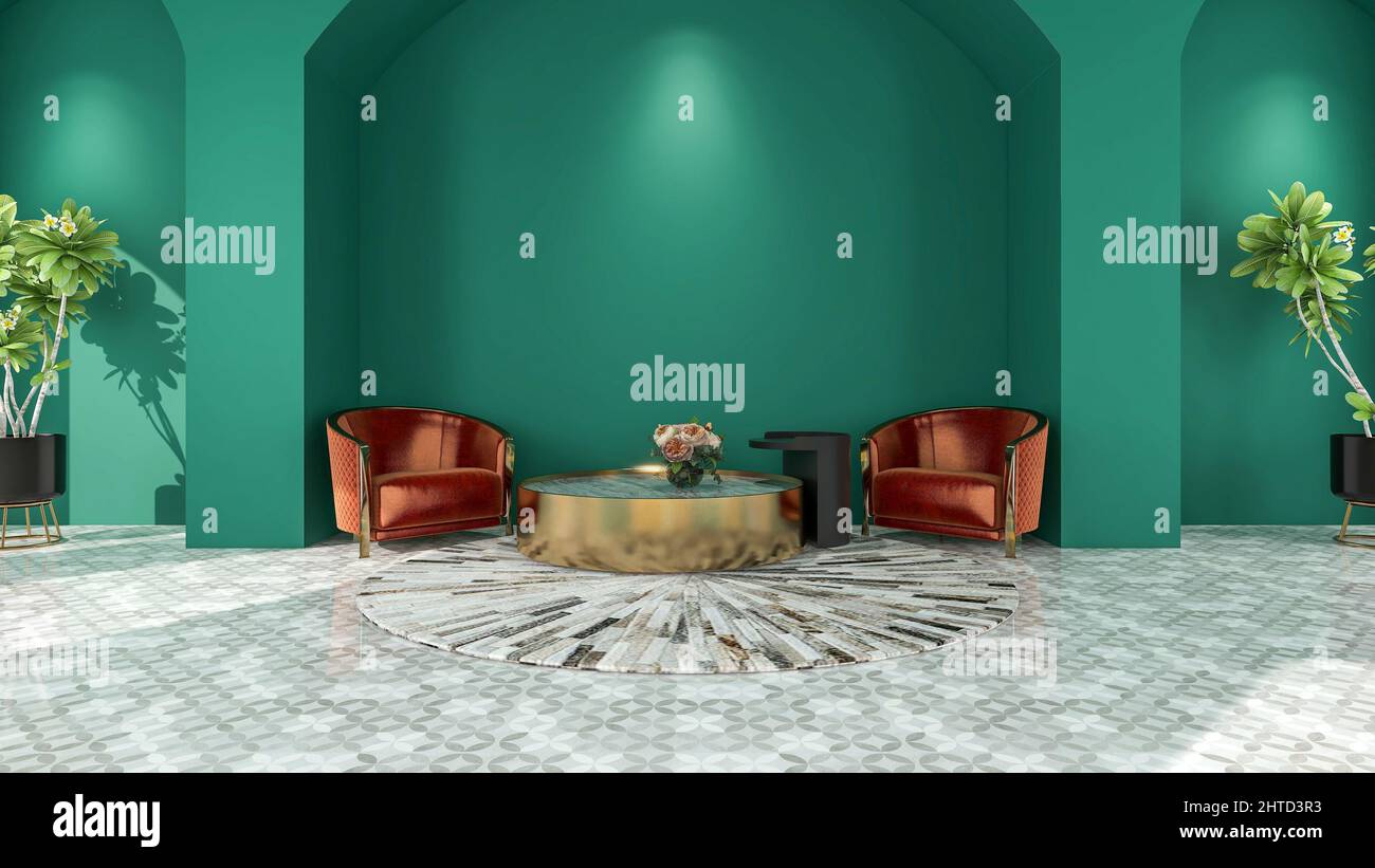 Grüner, großer Empfangsraum mit leerer Bogenwand und Möbeln, 3D Rendering Stockfoto