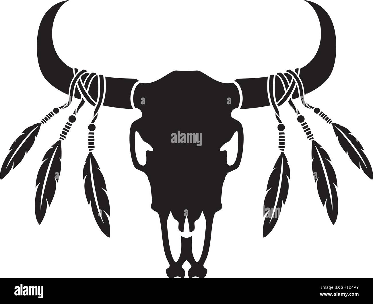 Einheimischer amerikanischer Stier- oder Kuhschädel mit Federn (Vektorgrafik) Stock Vektor