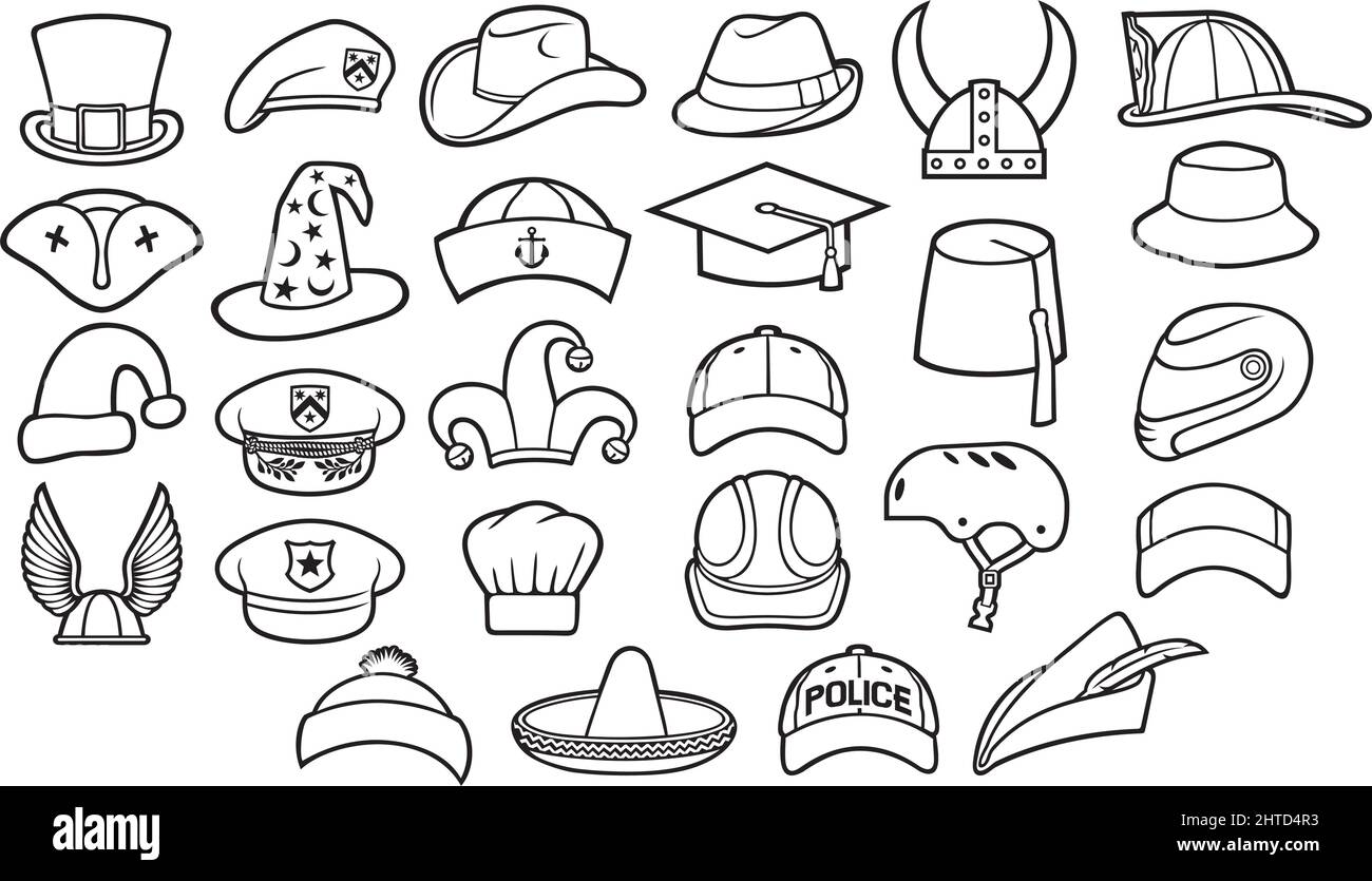 Verschiedene Arten von Hüten dünne Linie Symbole gesetzt Stock Vektor