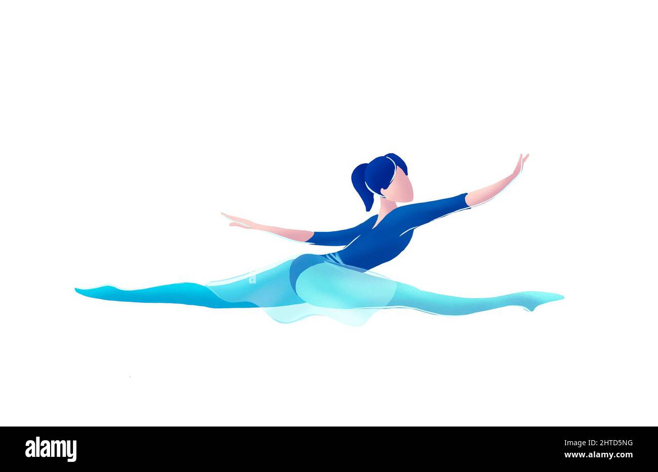 Llustration einer Balletttänzerin in blau, die in der aufwärmenden, geteilten Turnerposition vorne sitzt Stockfoto