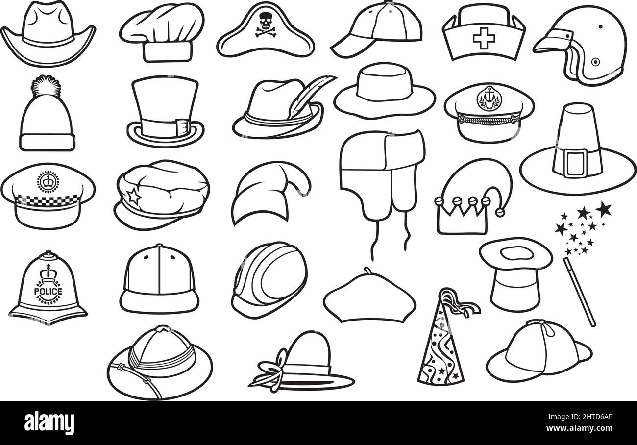 Verschiedene Arten von Hüten dünne Linie Symbole setzen Vektor-Illustration Stock Vektor