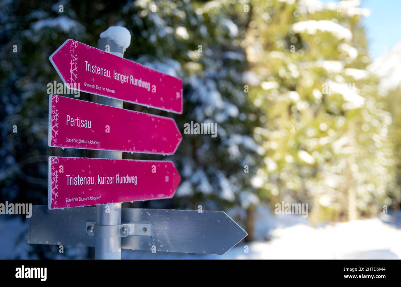 Schilder für eine kombinierte Langlaufloipe und Winterwanderweg in Pertisau österreich Stockfoto