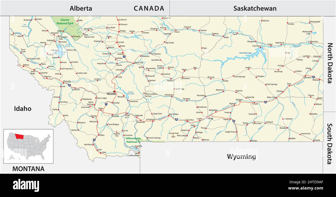 Straßenkarte des US-amerikanischen Staates Montana Stock Vektor