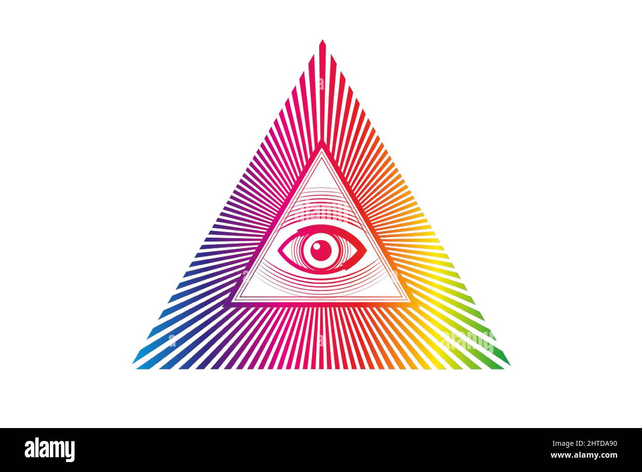 Heiliges Freimaurer-Symbol. Alles sehende Auge, drittes Auge, psychedelischer Blick der Vorsehung, Dreieckspyramide. Neue Weltordnung. Bunte Ikone Alchemie, Religion, Stock Vektor