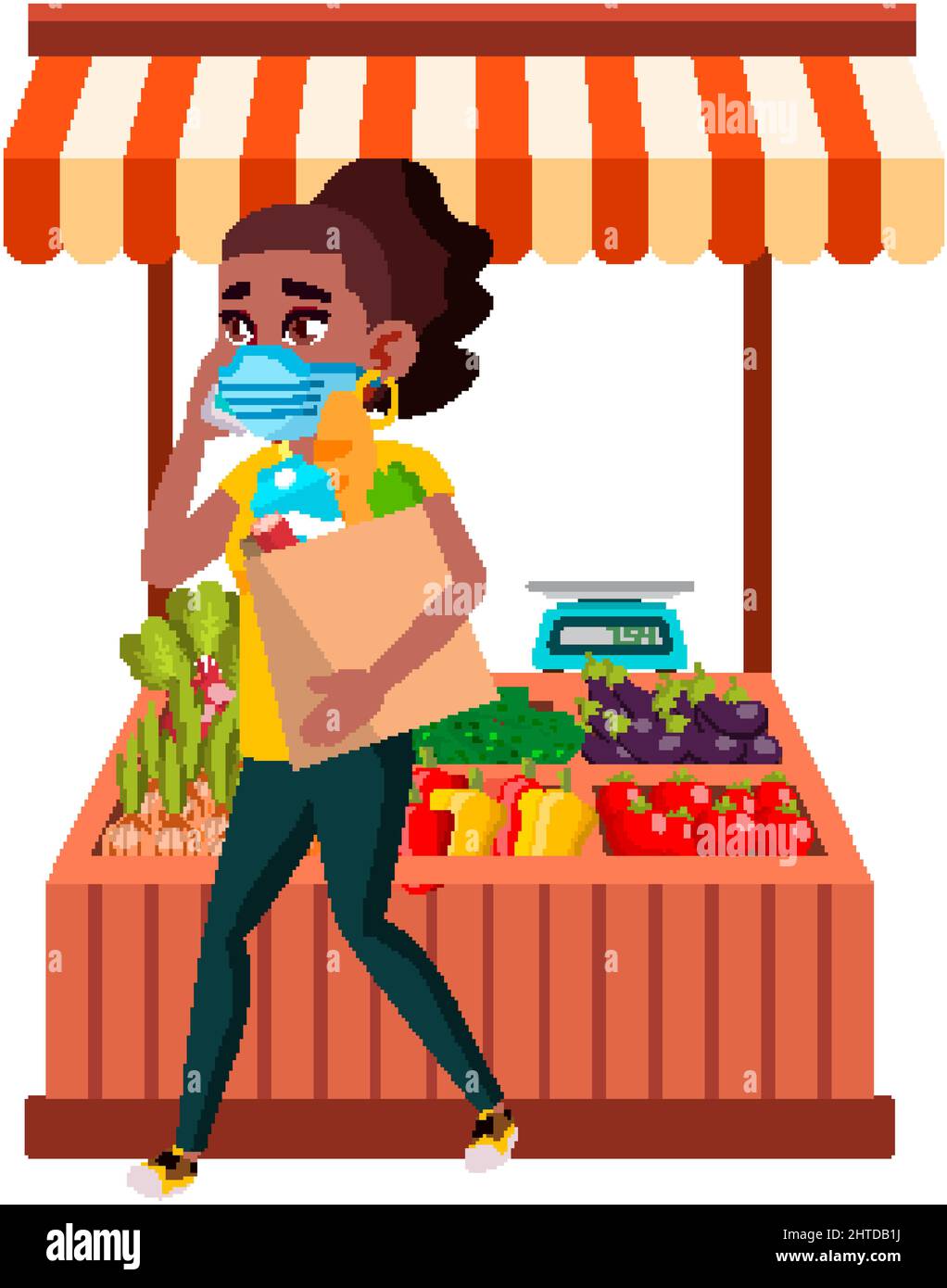 Teen Mädchen Trägt Gesichtsmaske Auf Markt Vektor Stock Vektor