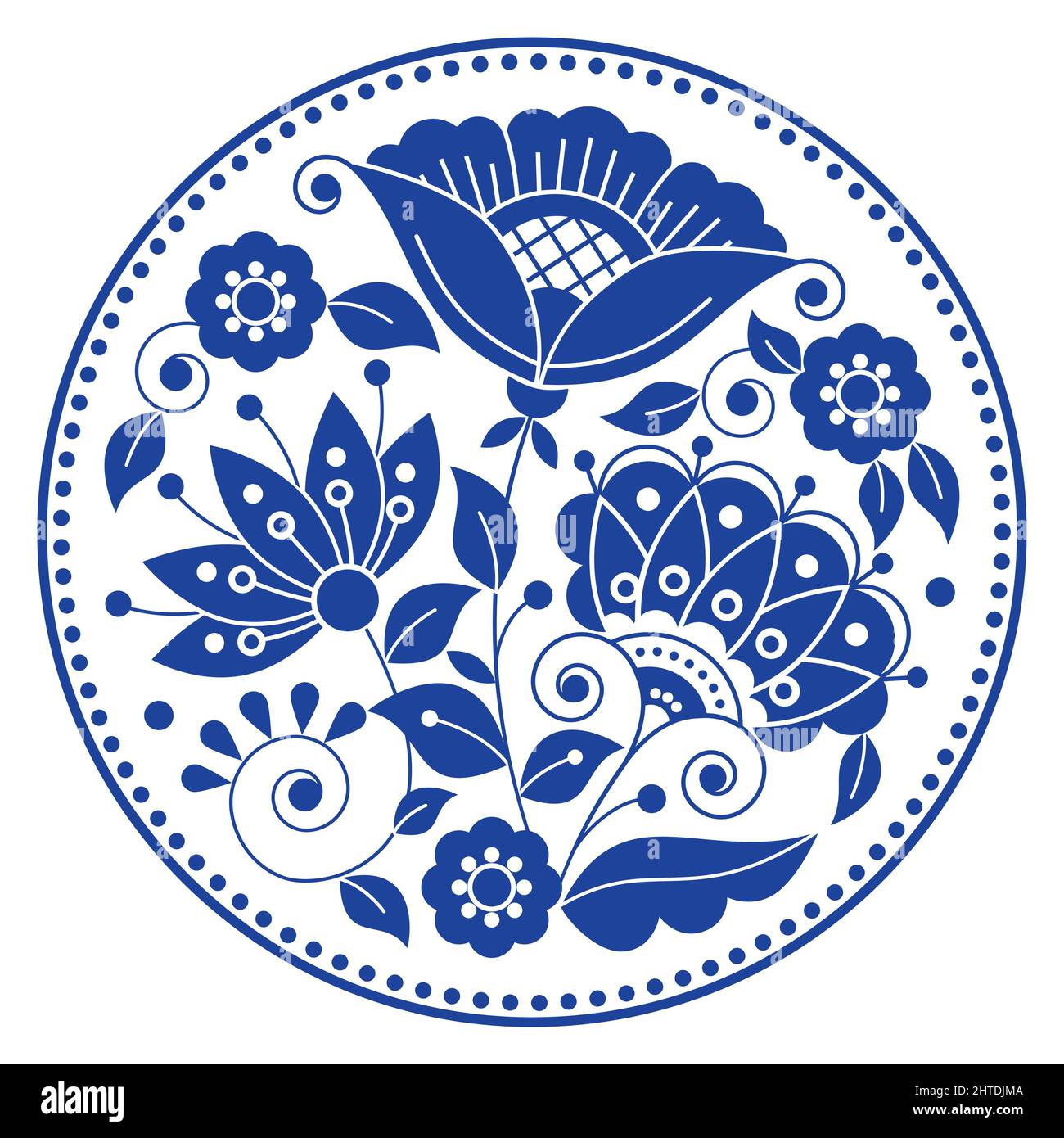 Schwedische Volkskunst Vektor Mandala Design-Muster mit Blumen, Blättern und Wirbeln in Rahmen von der traditionellen Stickerei aus Skandinavien in Nav inspiriert Stock Vektor