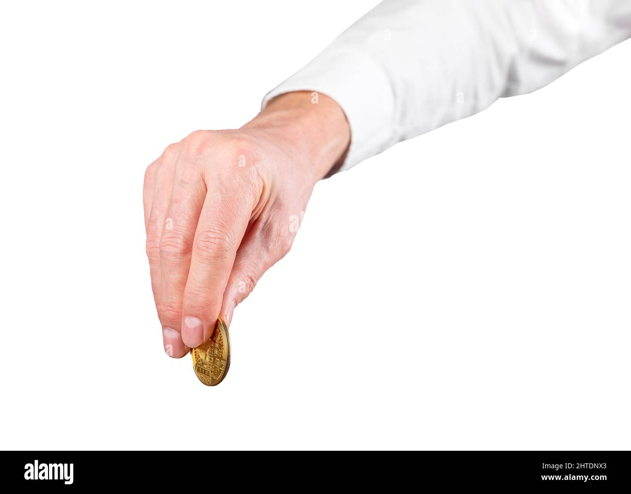 Geschäftsmann Hand hält Bitcoin Münze isoliert auf weißem Hintergrund. Kryptowährung. Spende, Beitrag, Anlagekonzept. Hochwertige Fotos Stockfoto