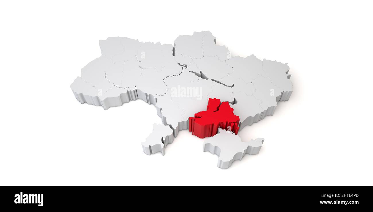 3D Karte der Ukraine mit der Region Cherson in Rot. 3D Rendering Stockfoto
