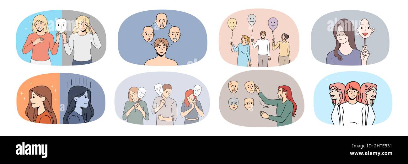 Sammlung von kranken verschiedenen Menschen kämpfen mit Stimmungsschwankungen oder bipolarer Störung. Eine Reihe von ungesunden Männern und Frauen haben psychische Probleme, die psychiatrische Hilfe benötigen. Angst, Depression. Vektor. Stock Vektor