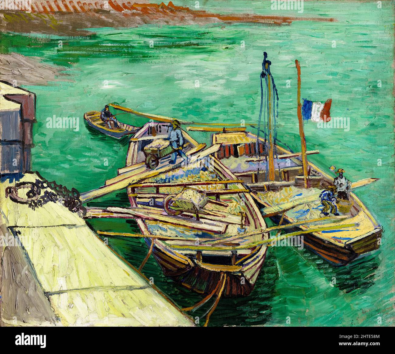 Vincent van Gogh, Les bateaux amarrés (Kai mit Männern, Ausladen von Sandkahnen), Gemälde, Öl auf Leinwand, 1888 Stockfoto