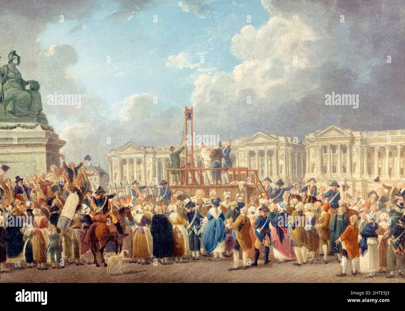 Französische Revolution: Öffentliche Hinrichtung durch Guillotine am Place de la Revolution, Paris, Frankreich, Gemälde von Pierre-Antoine Demachy, 1793 Stockfoto