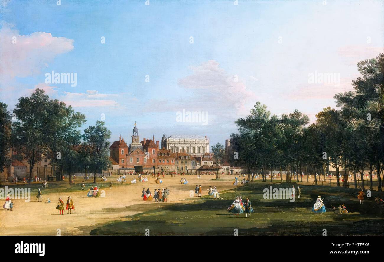 London: Blick auf die Old Horse Guards and Banqueting Hall, Whitehall, vom St James' Park aus gesehen, Öl auf Leinwand Landschaftsgemälde von Giovanni Antonio Canal (Canaletto), 1749 Stockfoto