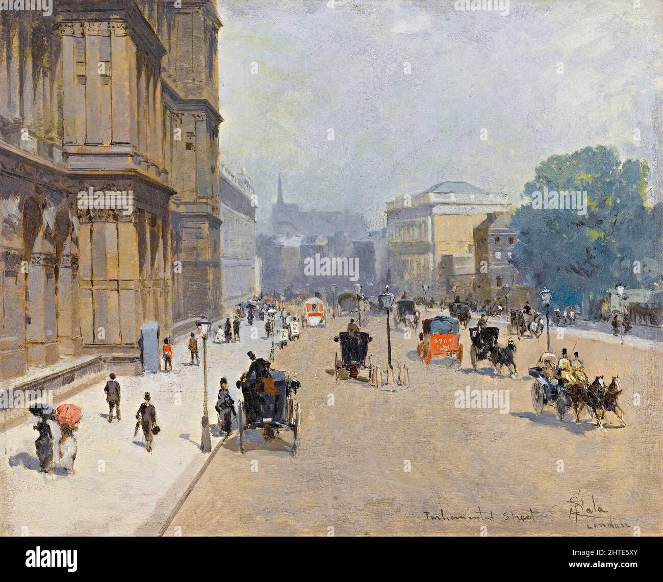 Viktorianisches London: Parliament Street, London, Öl aus dem späten 19.. Jahrhundert auf Tafelstraße Szene Gemälde von Paolo Sala, vor 1899 Stockfoto