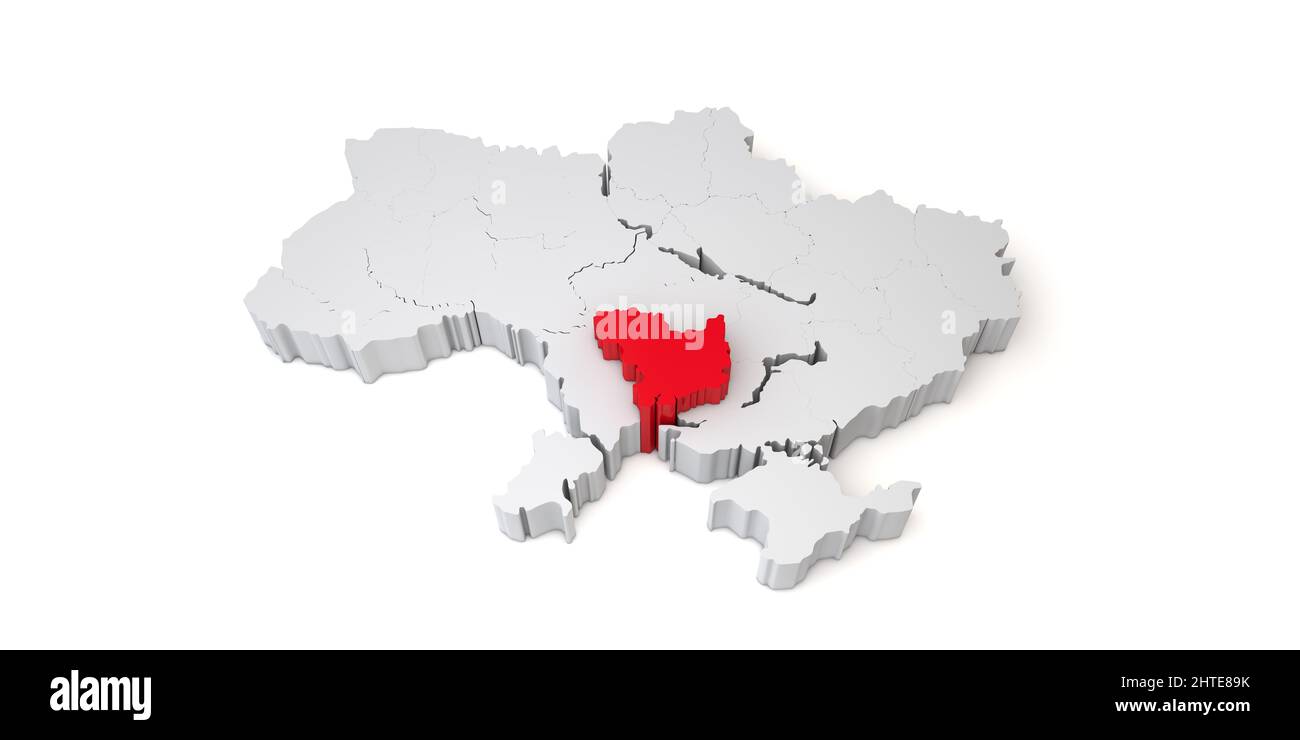 3D Karte der Ukraine mit der Region Mykolaiv in Rot. 3D Rendering Stockfoto