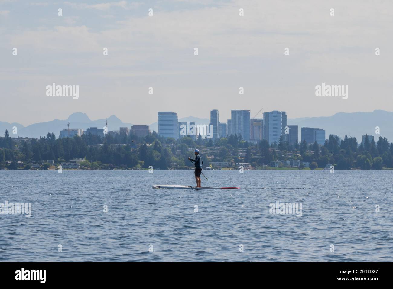 Man Paddleboarding im Lake Washington mit dem Hintergrund von Bellevue, Seattle, USA Stockfoto