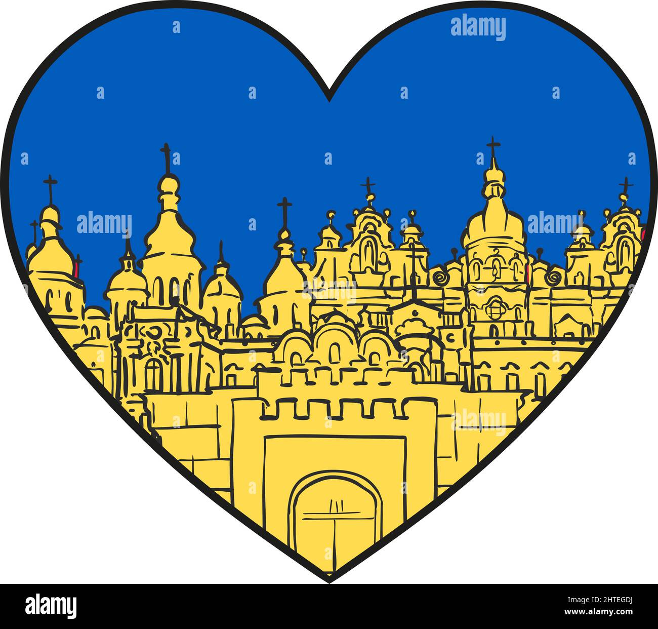 Kyiv berühmte Gebäude in blau gelben Herz Ikone. National Flag Colors-SupplementalCategories+=Bilder Stock Vektor