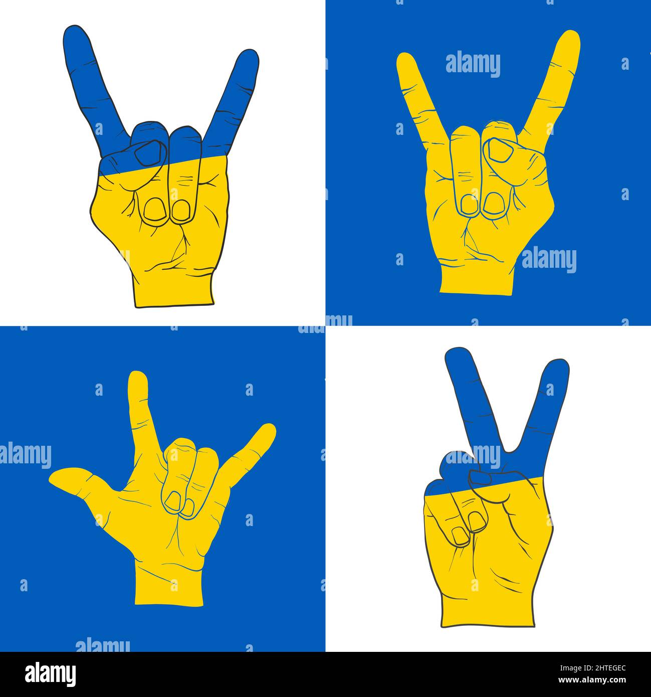 Verschiedene friedliche Handzeichen. Symbol für die Unterstützung der Menschen in Kiew und der Ukraine. Gemeinsam stark bleiben. Patriotisches Symbol, Icon.-SupplementalCategories+=Bilder Stock Vektor