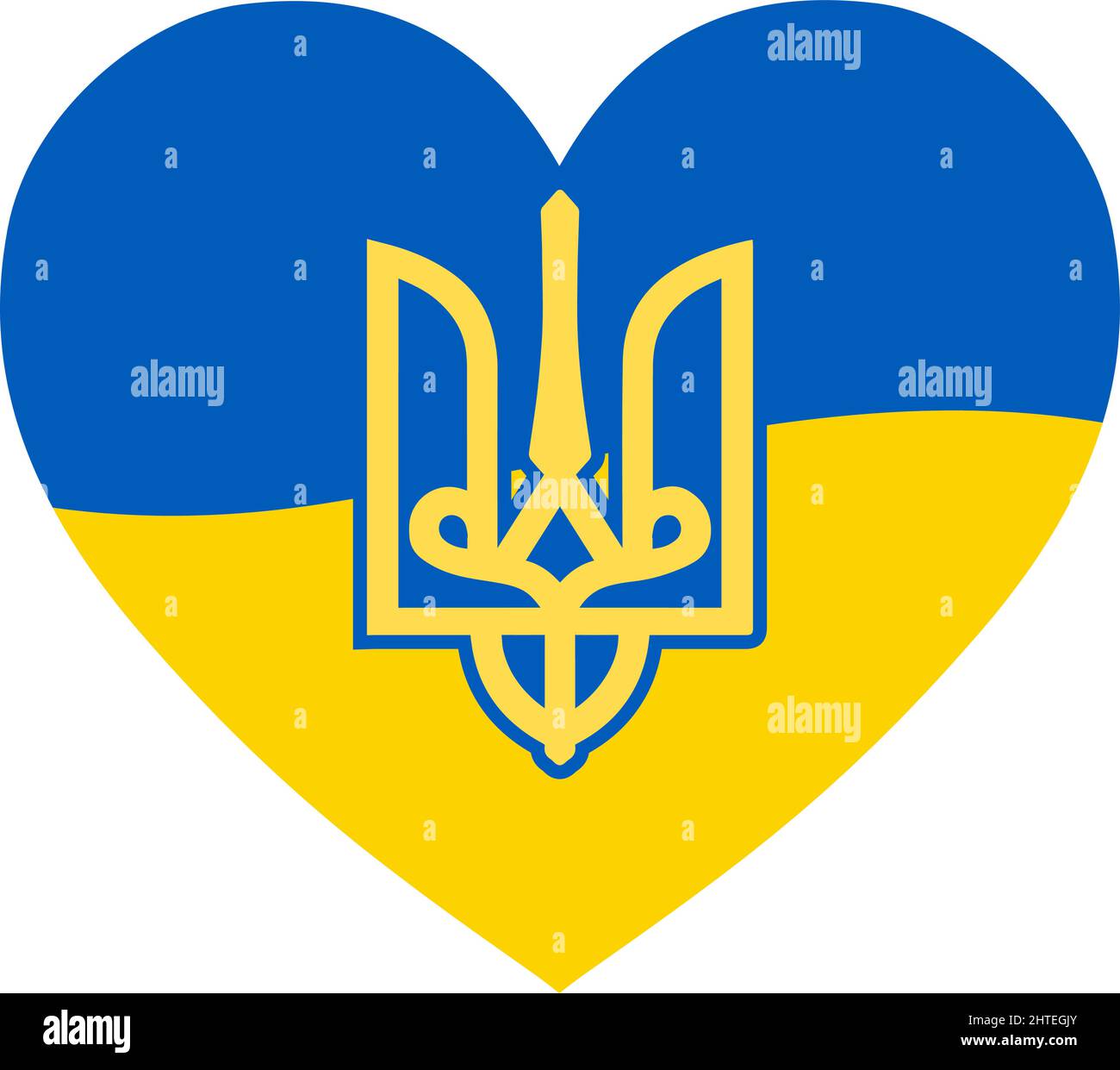 Wappen der Ukraine auf einer wellenförmigen Flagge mit herzförmiger Ikone. Vektorsymbol für Web- und Druckkonzepte in ukrainischen Farben. Freiheitssymbol, Symbol, Schaltfläche.-Zuschl Stock Vektor