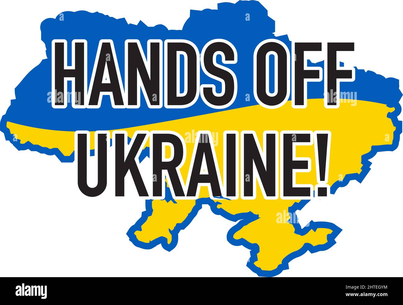 Finger weg von der Ukraine-Karte. Ukrainische Karte in blau und gelb. Ruhm der Ukraine. Unabhängiger Staat, staatliche Farbe, gelb-blau ukrainische Farbe.-ErgänzungCa Stock Vektor