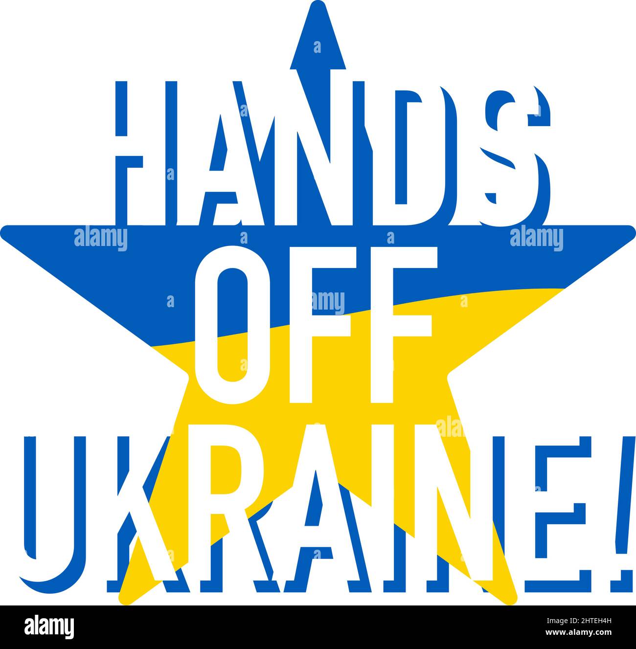 Hände weg von Ukraine Schriftzug auf Sternabzeichen. Support-Symbol für Menschen in Kiew und der Ukraine. Gemeinsam stark bleiben. Patriotisches Symbol, Symbol.-SupplementalCate Stock Vektor