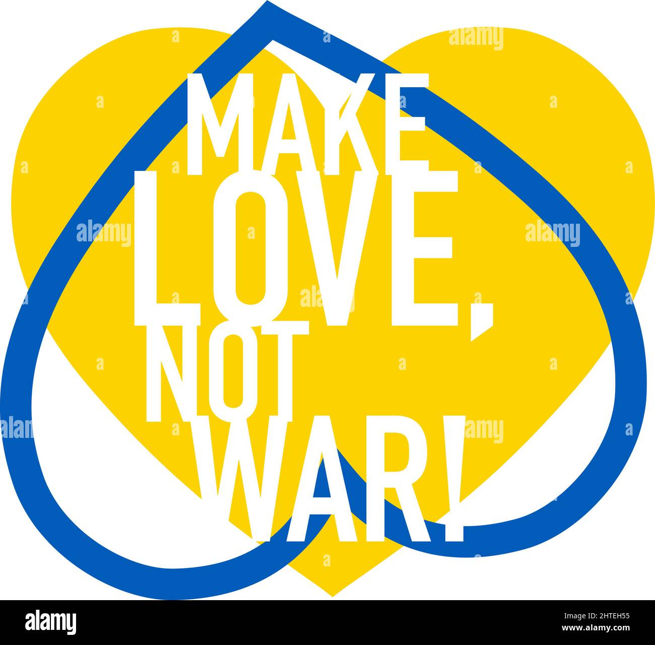 Make Love Not war Schriftzug auf zwei Herzen Icons. Support-Symbol für Menschen in Kiew und der Ukraine. Gemeinsam stark bleiben. Patriotisches Symbol, Symbol.-Ergänzung Stock Vektor