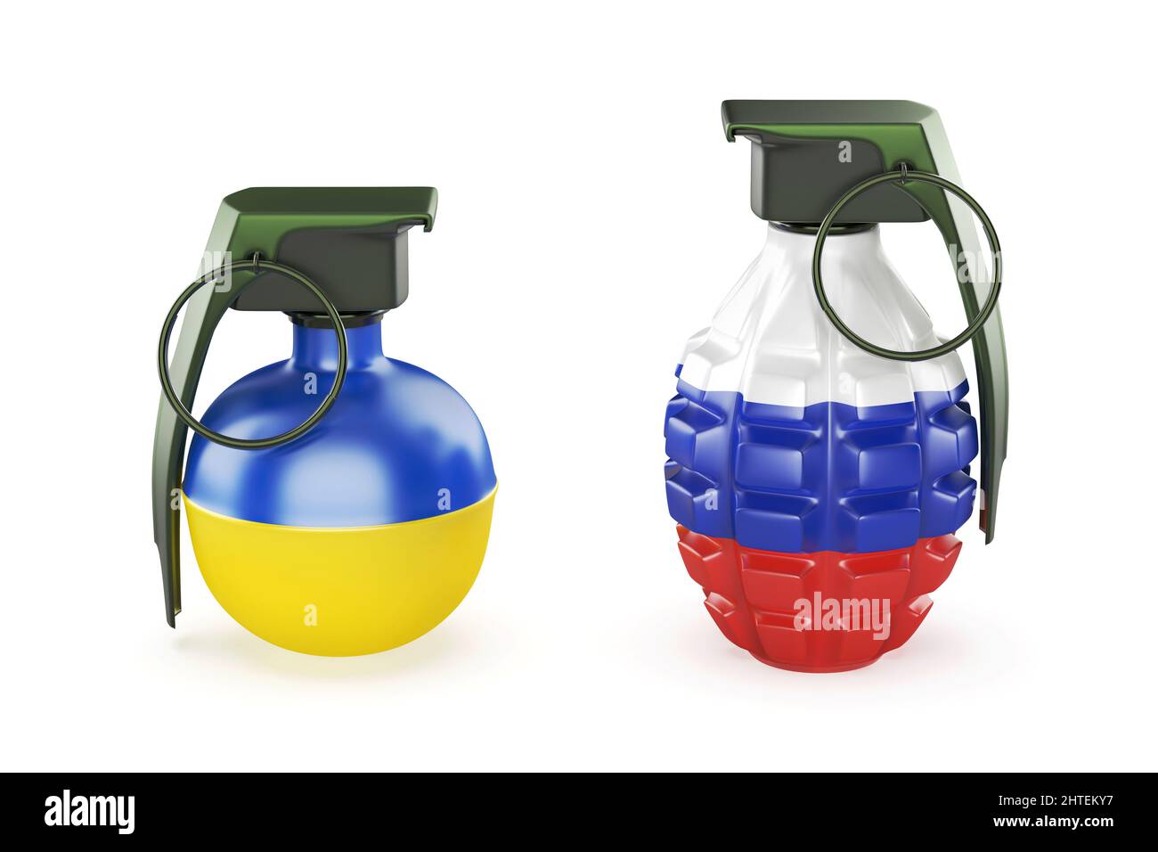 Konzeptbild, das den Konflikt zwischen der Ukraine und Russland symbolisiert. Granaten mit den Farben der ukrainischen und russischen Flaggen. Stockfoto