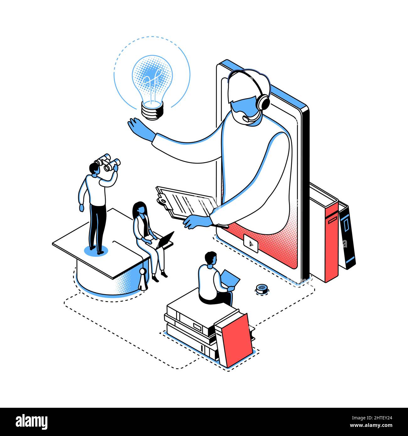 Online-Bildung - moderne Linie Isometrie Design Stil Illustration. Detailreiches Bild in Rot und Blau mit Studenten, die Videos auf dem Smartphone ansehen, Stock Vektor