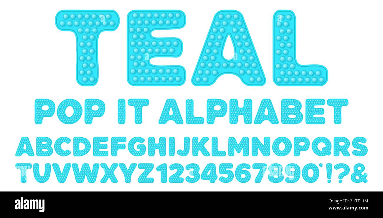 Blaues popit-Alphabet und Zahlen im Fidget-Spielzeugstil. Pop it Schriftdesign als trendiges Silikonspielzeug für Fidget in knalliger Farbe. Blase sensorisch l Stock Vektor
