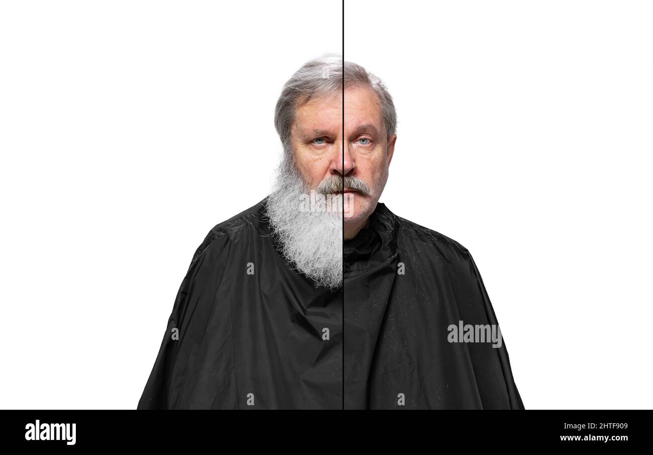 Zusammengesetztes Bild aus einem Porträt eines älteren Mannes mit grauem Bart, der die Kamera isoliert auf weißem Hintergrund betrachtet. Modischer Style Stockfoto