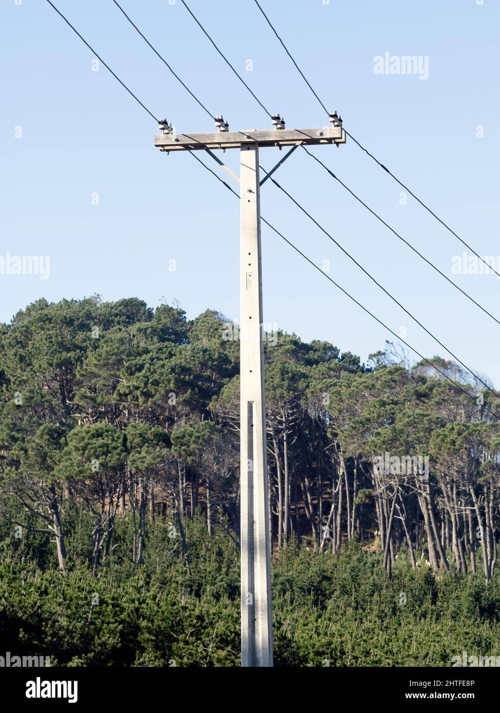 Blick auf den elektrischen Pfosten mit Drähten. Stockfoto