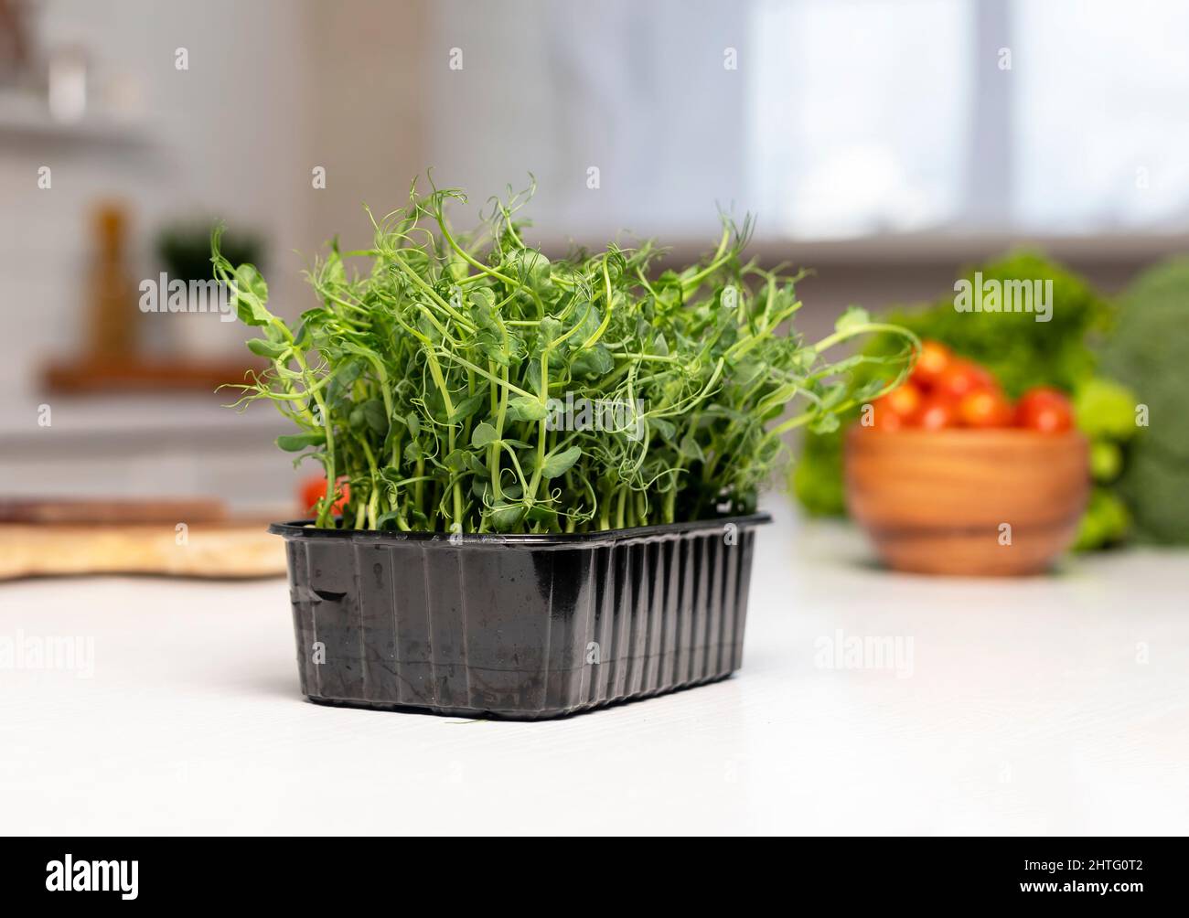 PEA Microgreens am Küchentisch. Gesunde Ernährung Konzept. Hochwertige Fotos Stockfoto