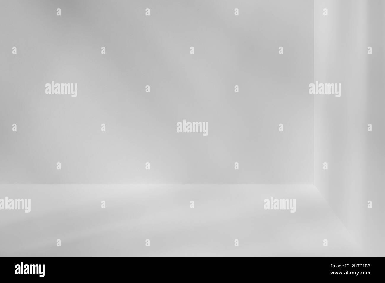Leere Ecke des weißen Raumes mit tiefen künstlerischen Schatten. Foto von echtem Layout, minimalistisches 3D Raumkonzept Stockfoto