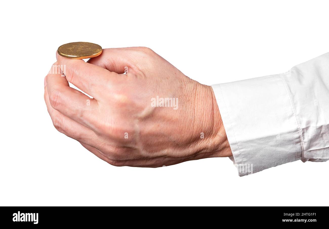 Geschäftsmann Hand hält Bitcoin Münze isoliert auf weißem Hintergrund. Handel, Spekulation mit Kryptowährungskonzept. Münzwurf Hochwertige Fotos Stockfoto
