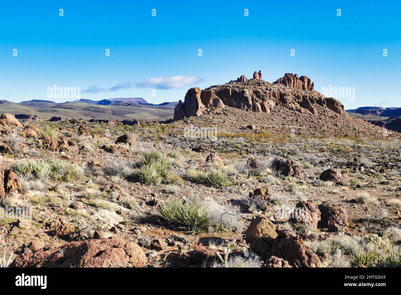 Stark erodierte Felsformationen entlang des Monolith Garden Trail in der Mojave-Wüste in der Nähe von Kingman, Arizona, USA Stockfoto