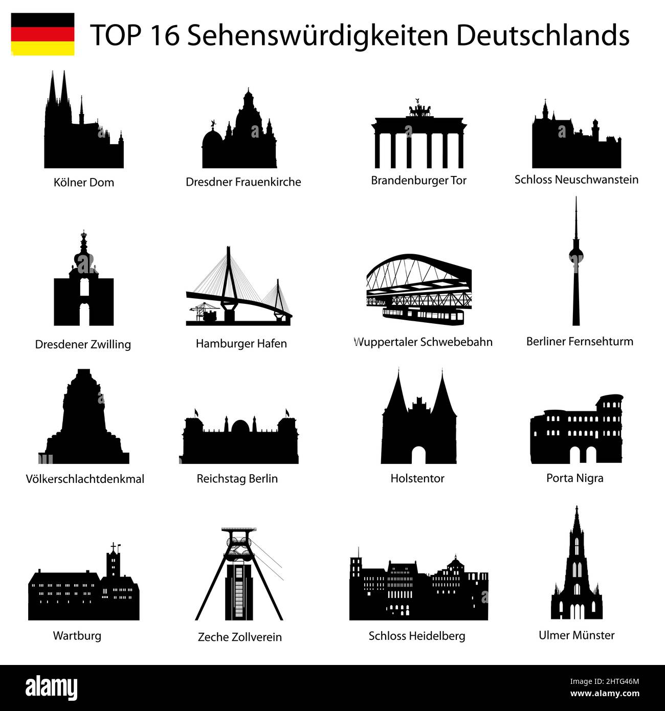 Illustration der 16 wichtigsten Sehenswürdigkeiten Deutschlands auf weißem Hintergrund Stockfoto