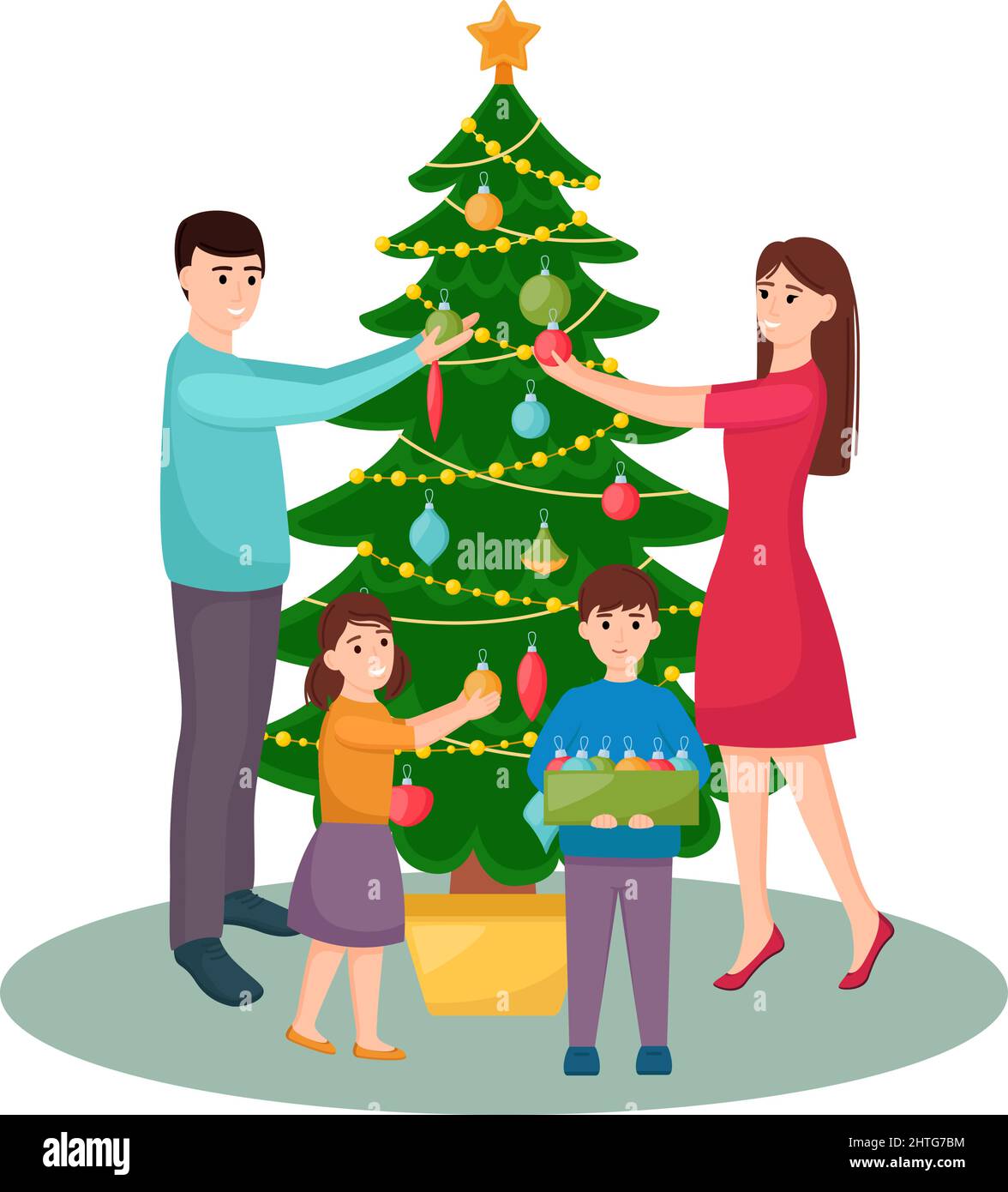 Glückliche Familie schmückt Weihnachtsbaum. Mutter, Vater, Tochter und Sohn dekorieren Weihnachtsbaum, Vektor-Illustration Stock Vektor