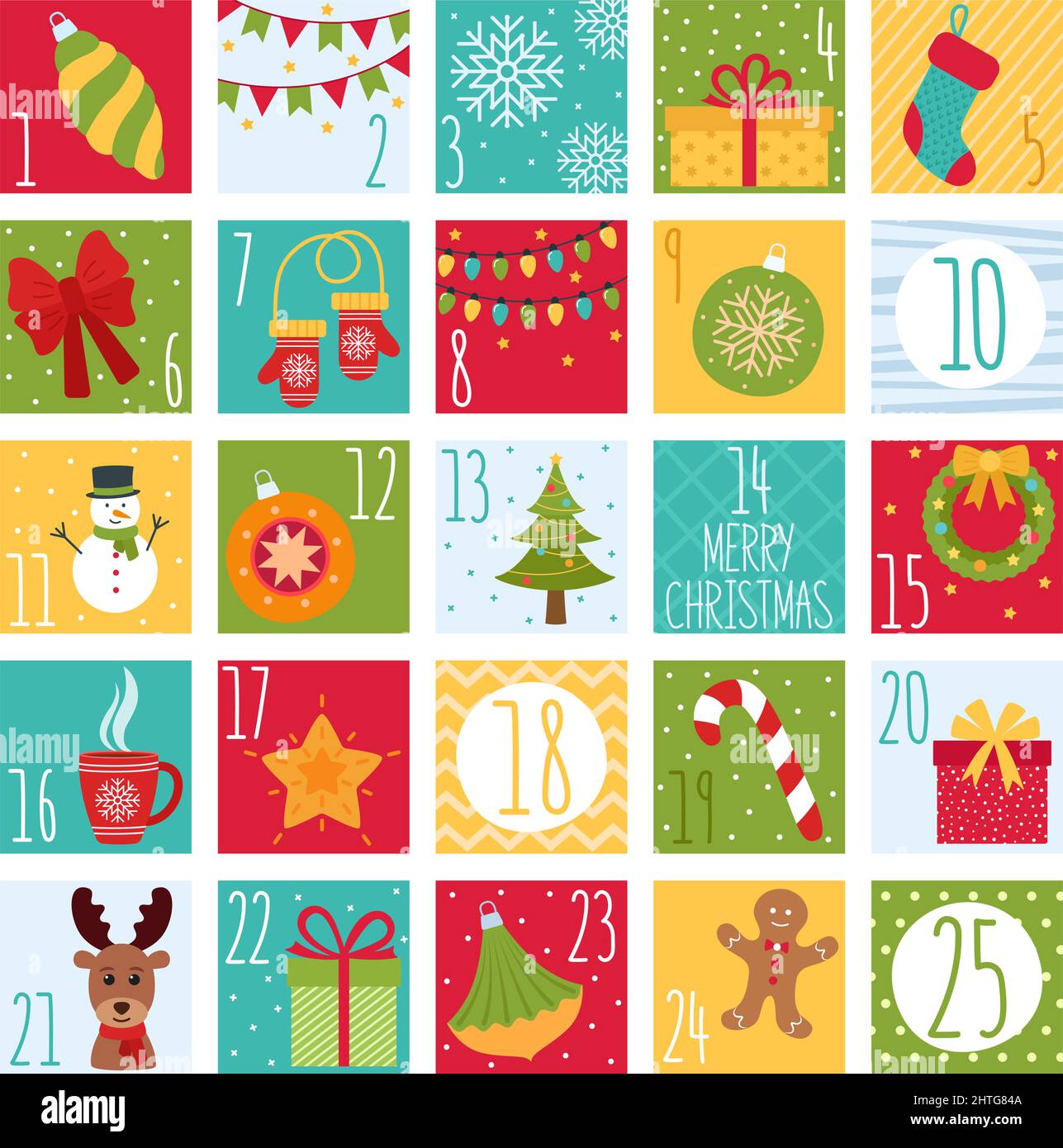 Adventskalender Weihnachten. Weihnachtsposter. Vektorgrafik Stock Vektor