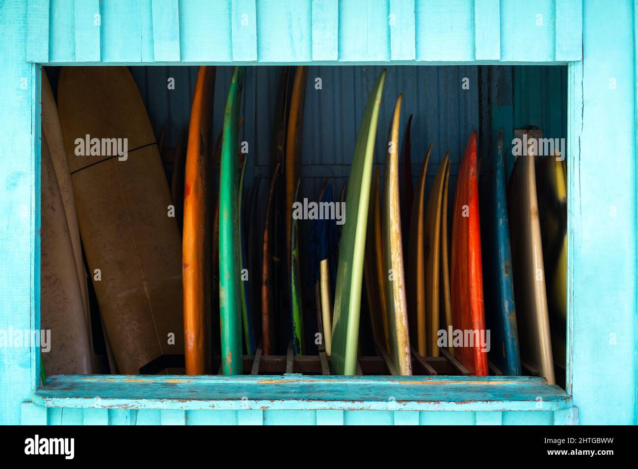Set von bunten Surfbrettern zum Mieten oder Verkaufen. Surfbretter neben einem Strand Stockfoto