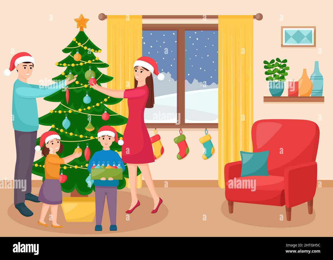 Glückliche Familie schmückt Weihnachtsbaum im Wohnzimmer. Mutter, Vater, Tochter und Sohn dekorieren Weihnachtsbaum, Vektor-Illustration Stock Vektor