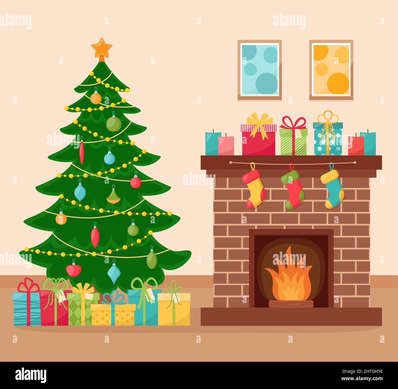 Weihnachtliche Zimmereinrichtung mit verzierten Tannenbäumen und Kamin, Vektorgrafik Stock Vektor