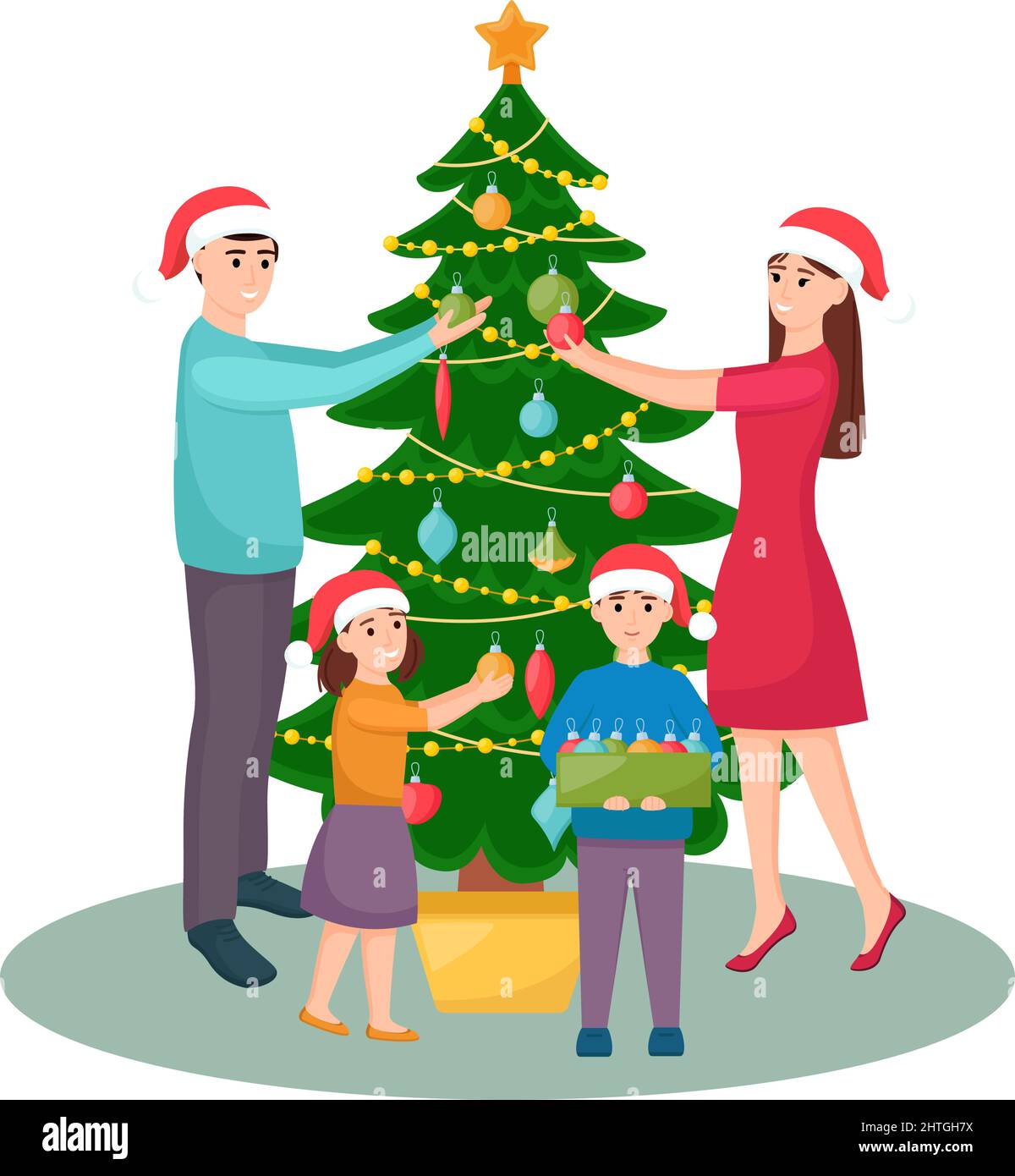 Glückliche Familie schmückt Weihnachtsbaum. Mutter, Vater, Tochter und Sohn in Weihnachtsmützen dekorieren Tannenbaum, Vektor-Illustration Stock Vektor
