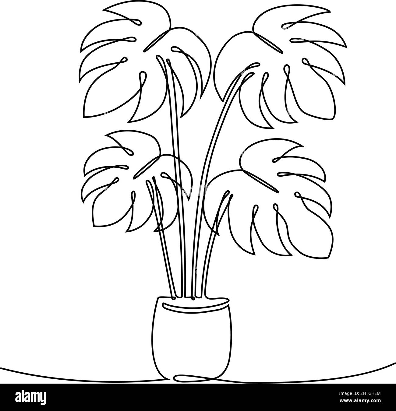Zimmerpflanzen-Monstera in einer kontinuierlichen Linienzeichnung, Vektorgrafik Stock Vektor