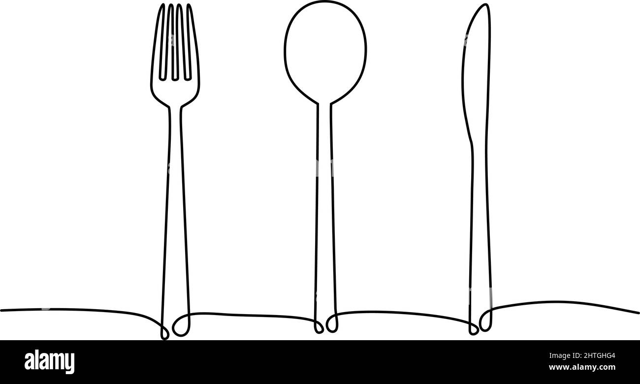 Kontinuierliche eine Linie Zeichnung von Gabel, Löffel und Messer. Vektorgrafik Stock Vektor