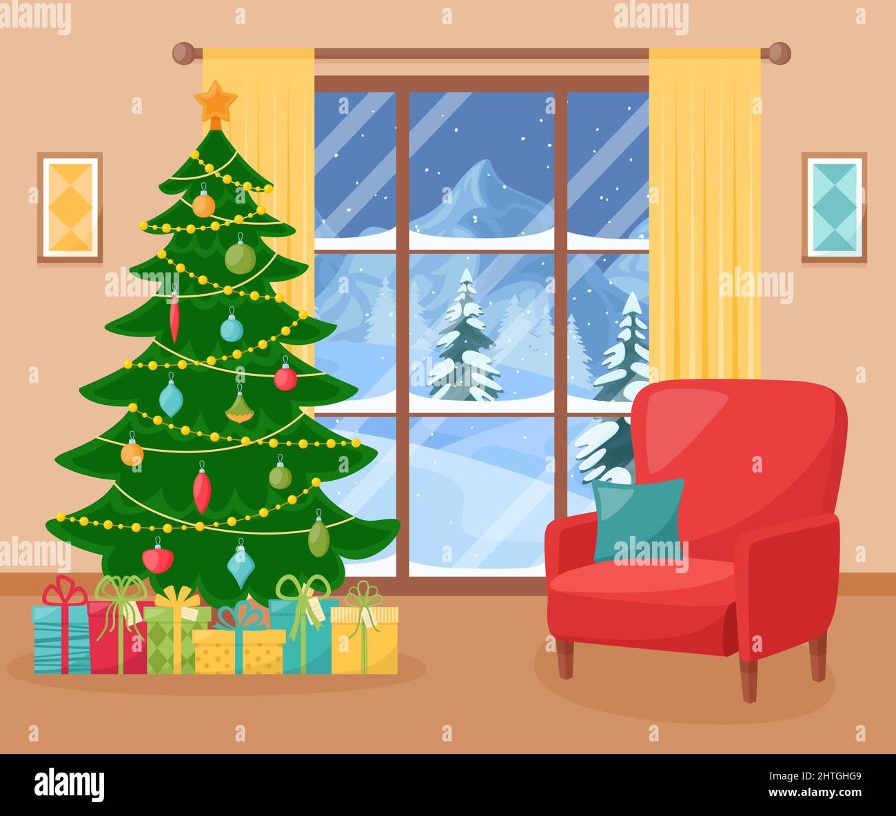 Gemütliches Wohninterieur mit Weihnachtsbaum und Sessel. Wohnzimmer mit Neujahrsdecorated. Vektorgrafik Stock Vektor