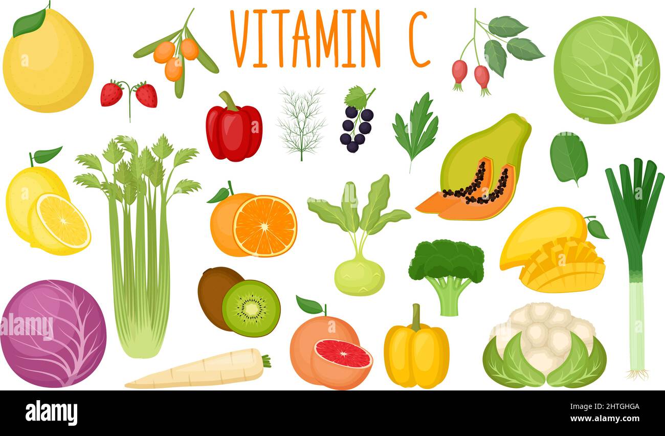 Set von Vitamin C-Quellen. Gesunde Ernährung. Sammlung von Gemüse und Früchten angereichert Vitamin C. Vektor-Illustration Stock Vektor