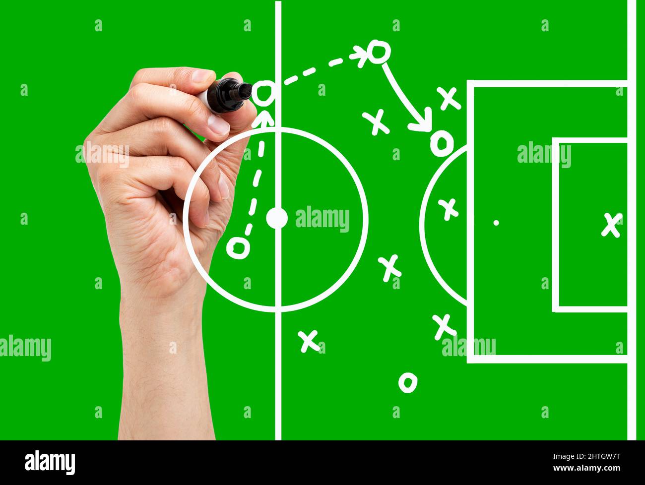 Trainer zeichnet Fußball oder Fußball-Spielbuch, Strategie und Taktik mit weißem Marker auf grünem Hintergrund. Stockfoto